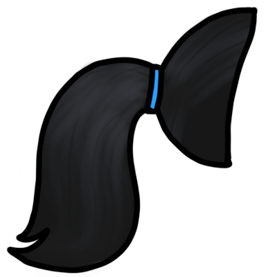 a medium-length ponytail of straight black hair, tied with a blue hairtie.